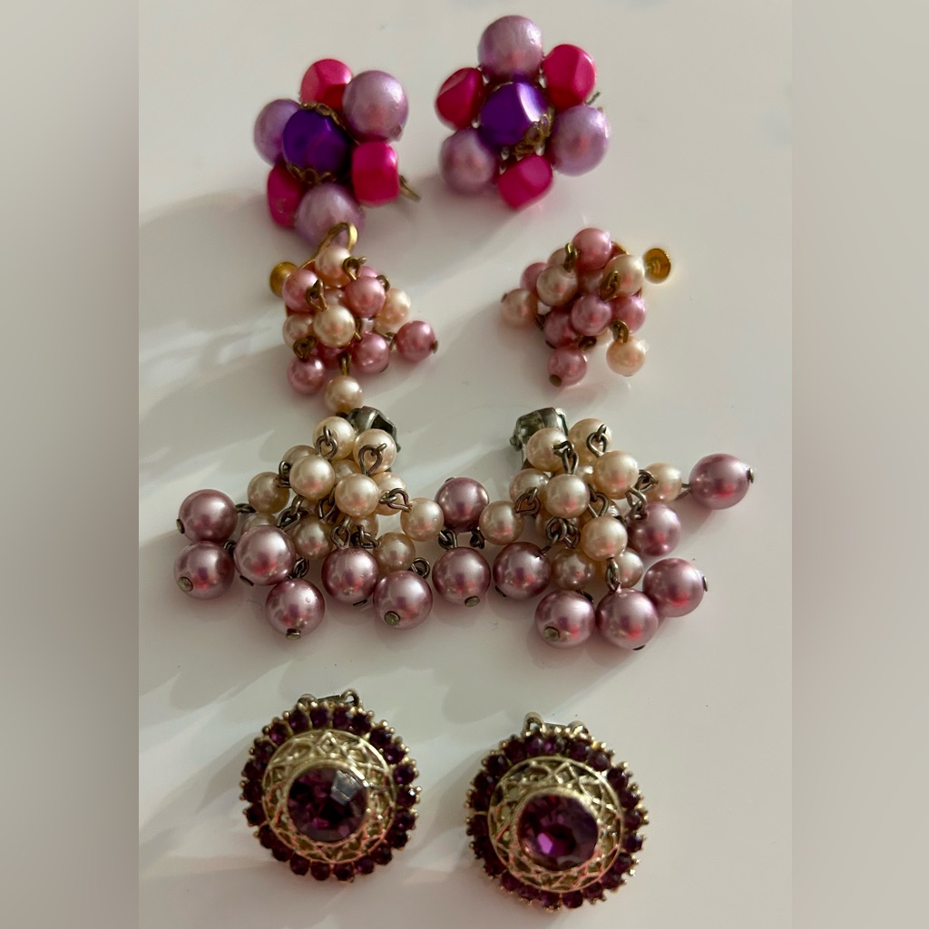 Vintage Earrings Pearls Crystals Purple Set
